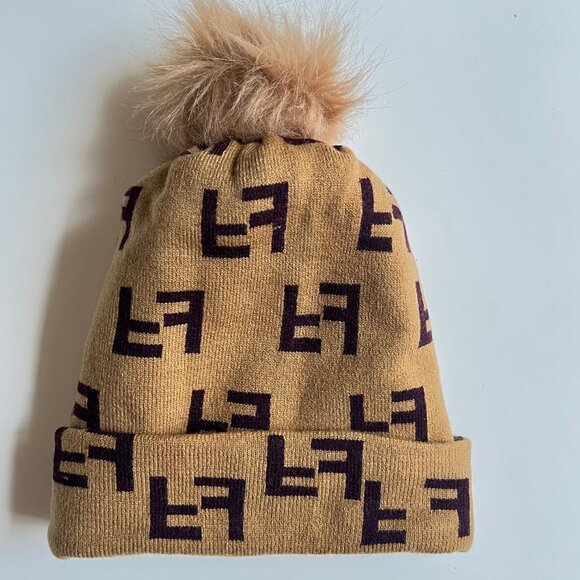 Knit Beanie Tuque with Faux Fur Pom – Brown & Tan Double F Pattern Hat - Picture 9 of 16